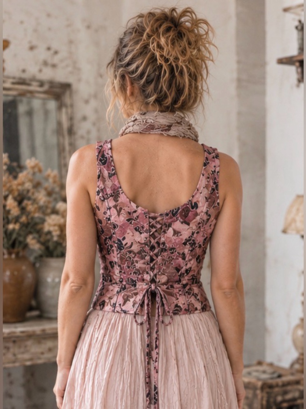 Bandolino Floral Brocade Corset Top Lace Up Romantic Boho